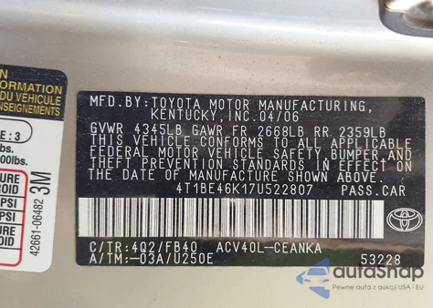 2007 Toyota Camry Le из США, поврежденный, VIN 4T1BE46K17U522807